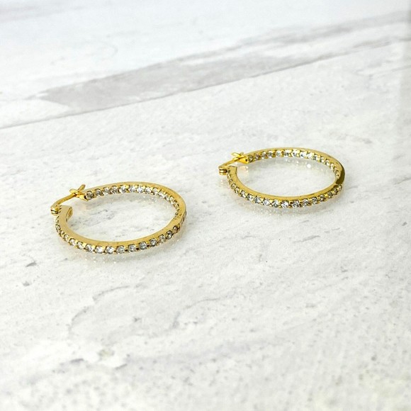 Inside Out CZ Hoop Earrings Gold over Sterling Silver 1.25" 2mm Light n Elegant - Picture 1 of 5
